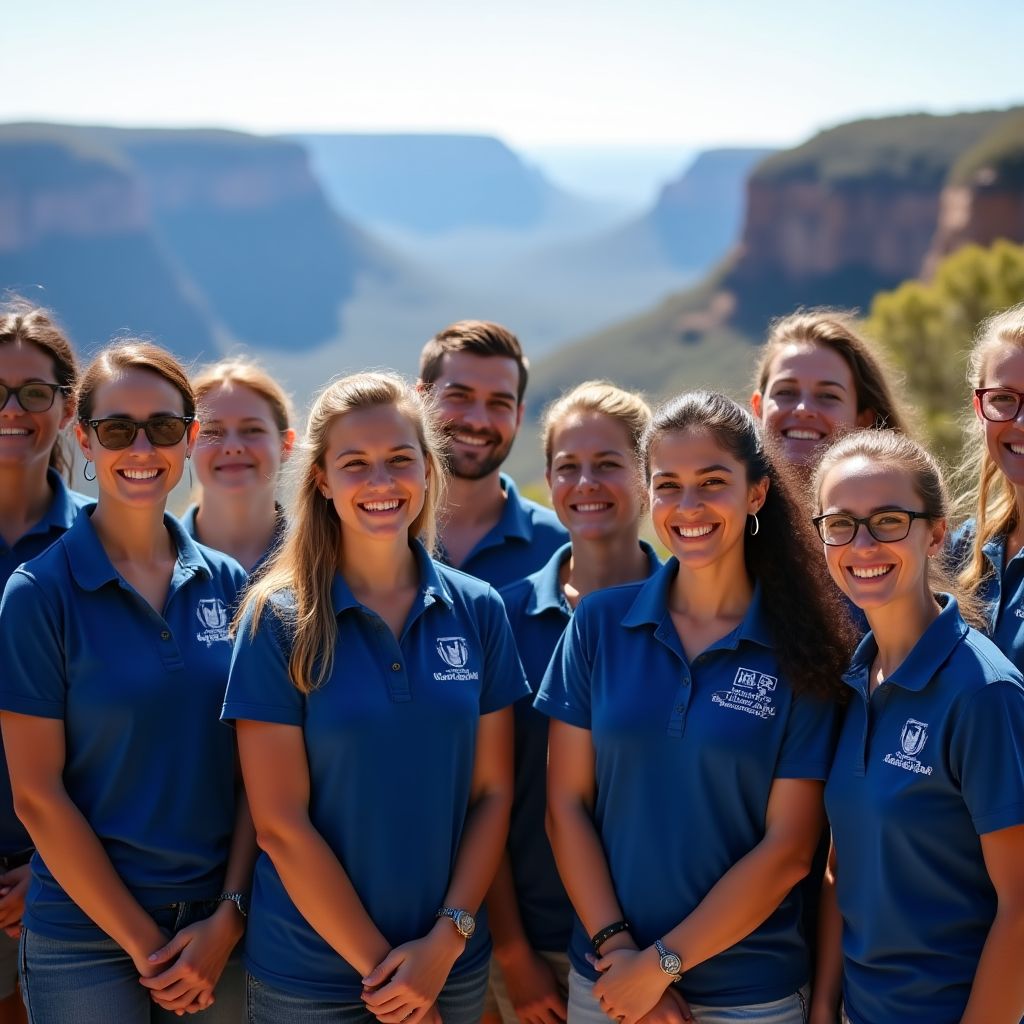 A diverse and friendly team of tour guides smiling in an outdoor Australian setting.