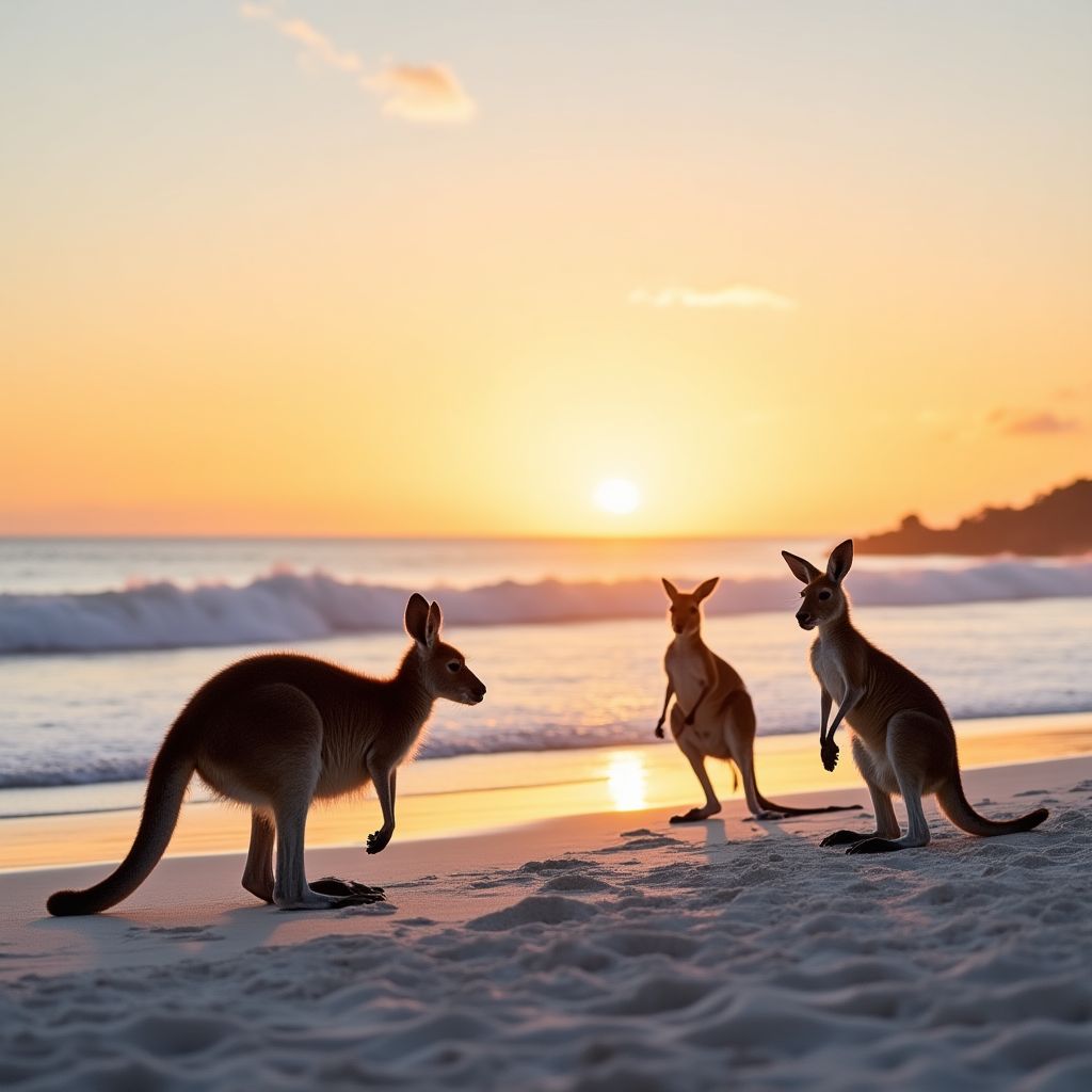 Kangaroos on a beach at sunrise